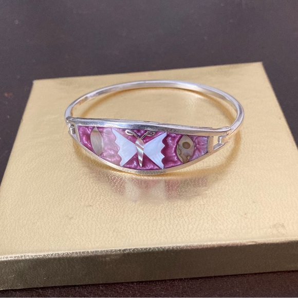 Vintage Alpaca Cuff with Mother of Pearl and Abalone Butterfly - Picture 1 of 3